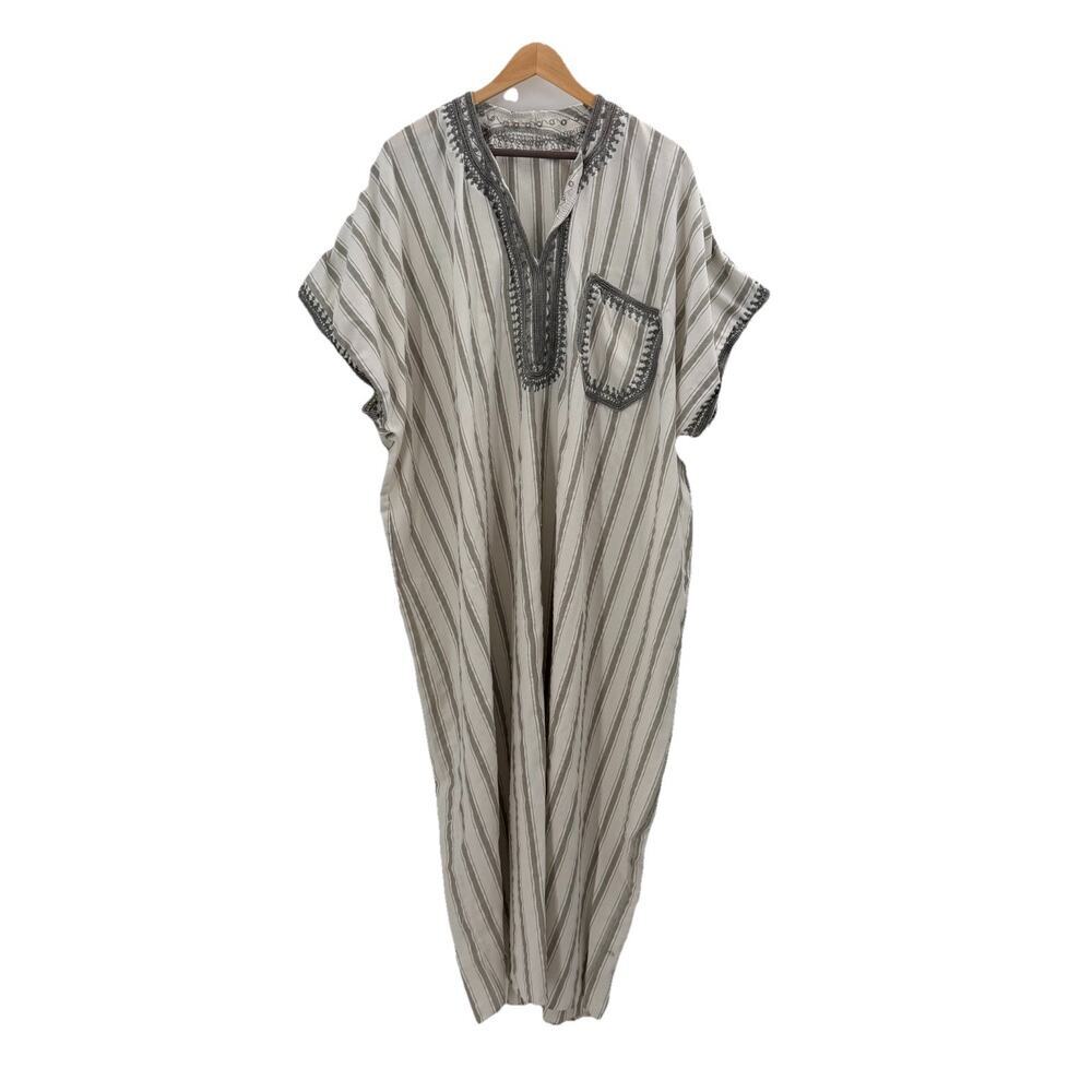 Embroidered Linen Cotton Blend Striped Boho Maxi Dress Caftan Cover Up Womens 2X